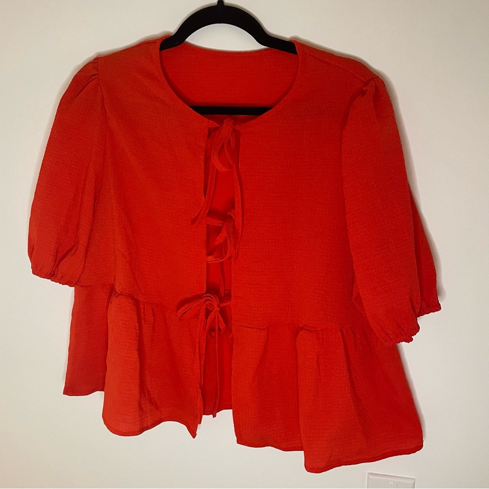 Chic Red Blouse with Bow Details